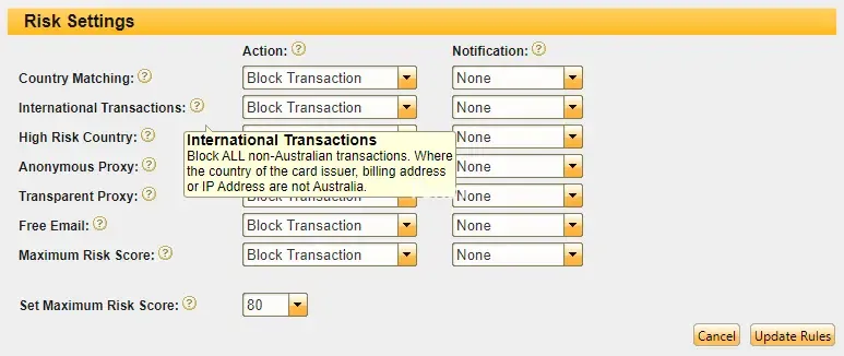 Админ-панель очень простая: пользователь настраивает 7 правил, в соотвествии с которыми проходит или блокируется транзакция. Система также определит степень риска и отправить на почту уведомление о подозрительной транзакции. На основе этих данных система выдает коэффициент риска, а владелец самостоятельно настраивает уровень, с которым транзакция не проходит.